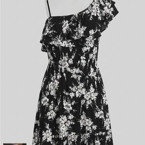 love, Fire Black and White Floral One-Shoulder Ruffle Dress